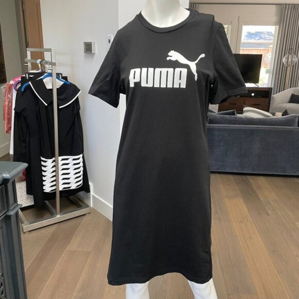 PUMA Essentials Slim Tee Dress SS Crew Nk Casual Cotton Black White Sz XL
